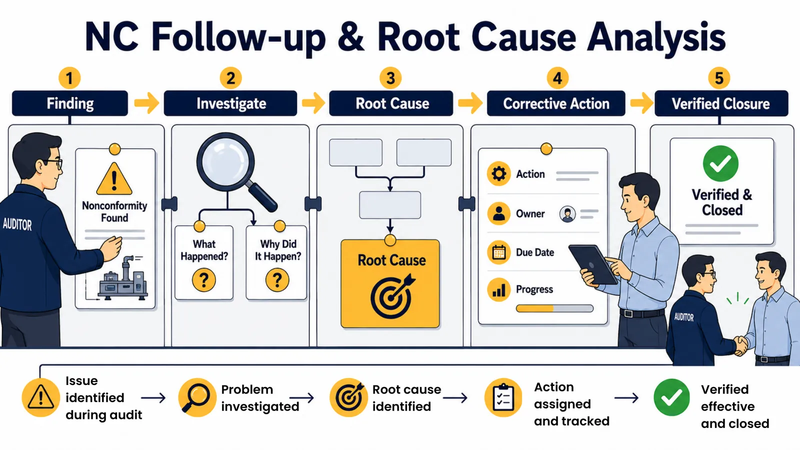 Nonconformity follow-up and root cause analysis for audit findings and corrective actions