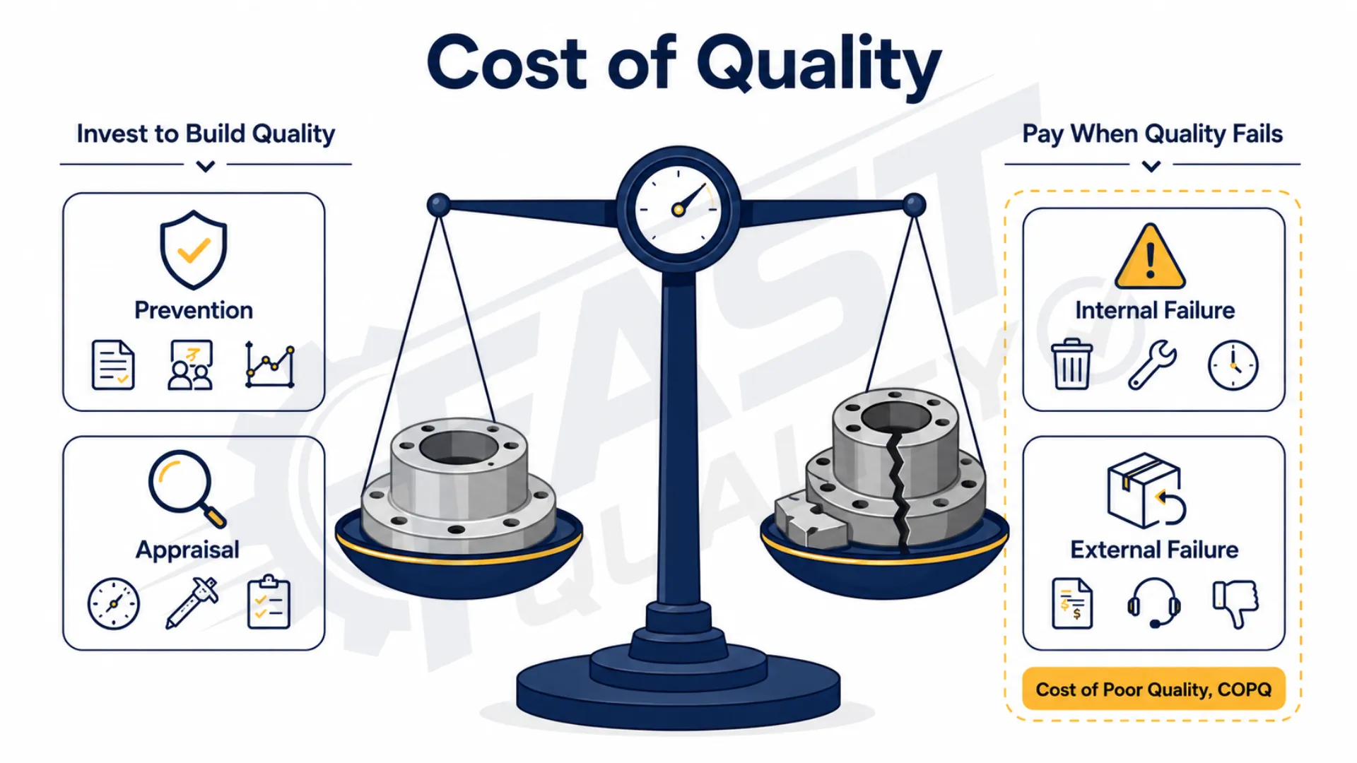 Diagram comparing Cost of Quality (COQ) vs Cost of Poor Quality (COPQ) — prevention, appraisal, and failure costs