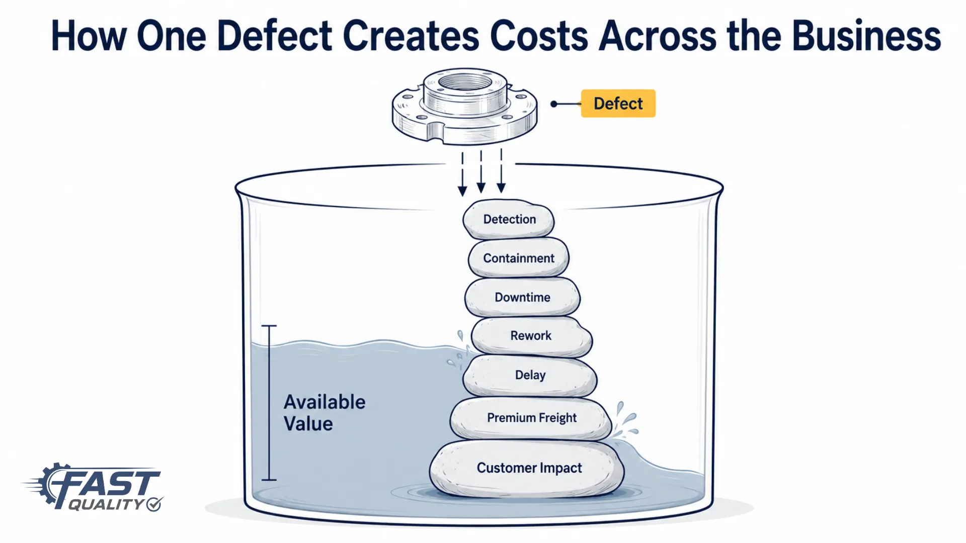 Flow diagram showing how a single manufacturing defect cascades costs across quality, production, logistics, and customer service