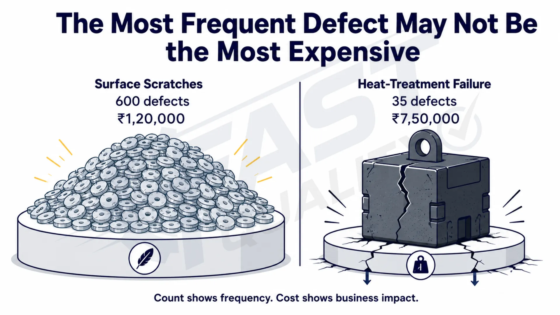 Comparison chart showing defect frequency versus financial impact — frequency ranking vs COPQ ranking for the same defects