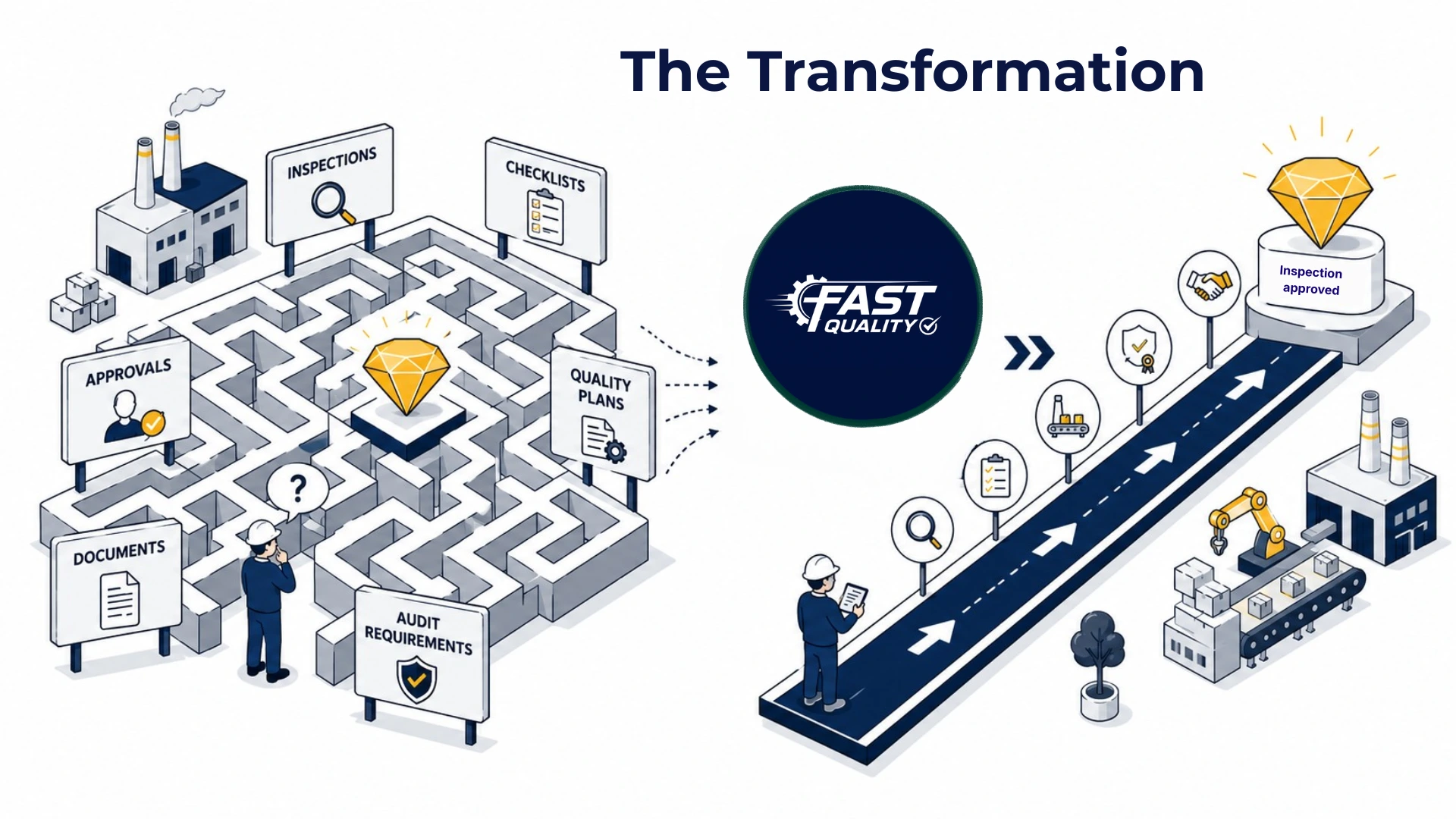 Diagram showing quality management problems transformed into FAST Quality solutions
